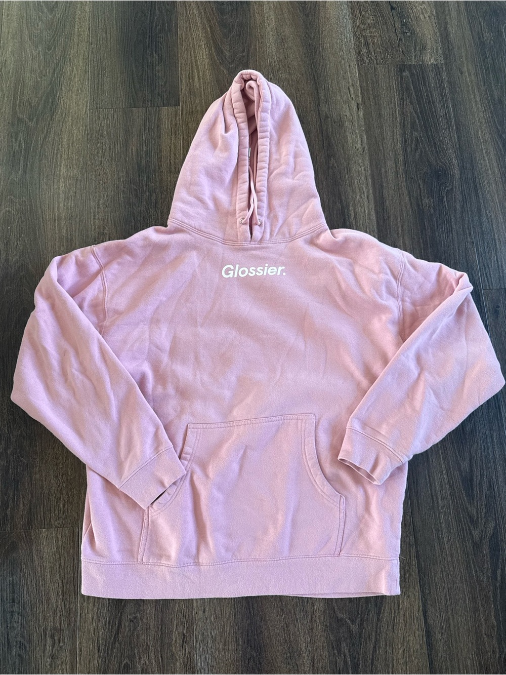 Glossier Blush Pink Hoodie with White Logo Tag